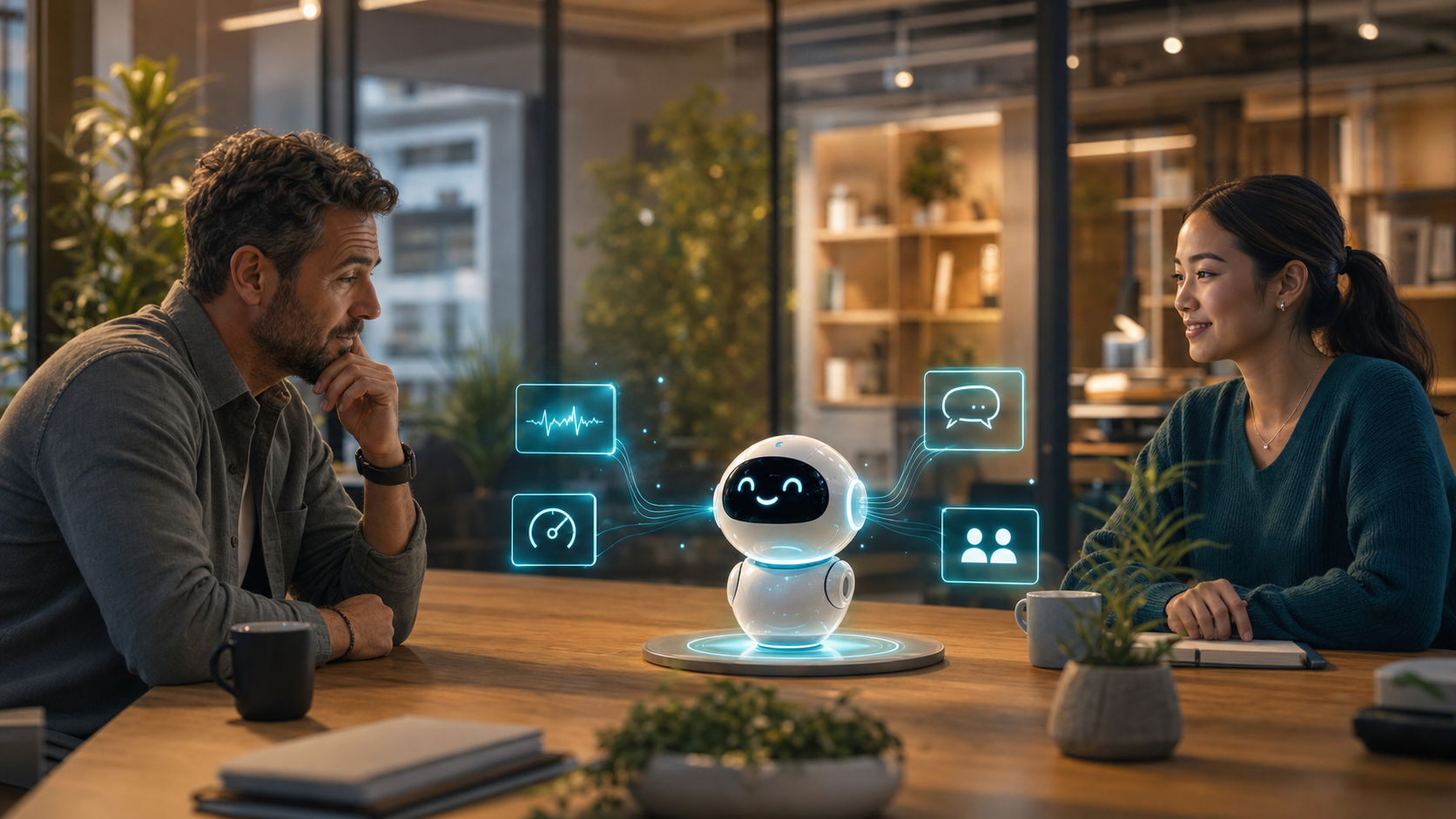 A friendly AI agent adapting a conversation between two people in a warm modern lab
