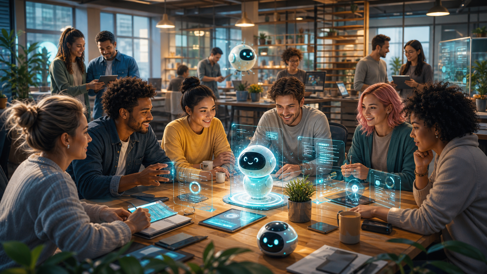 People exploring friendly AI agents together in a futuristic community lab